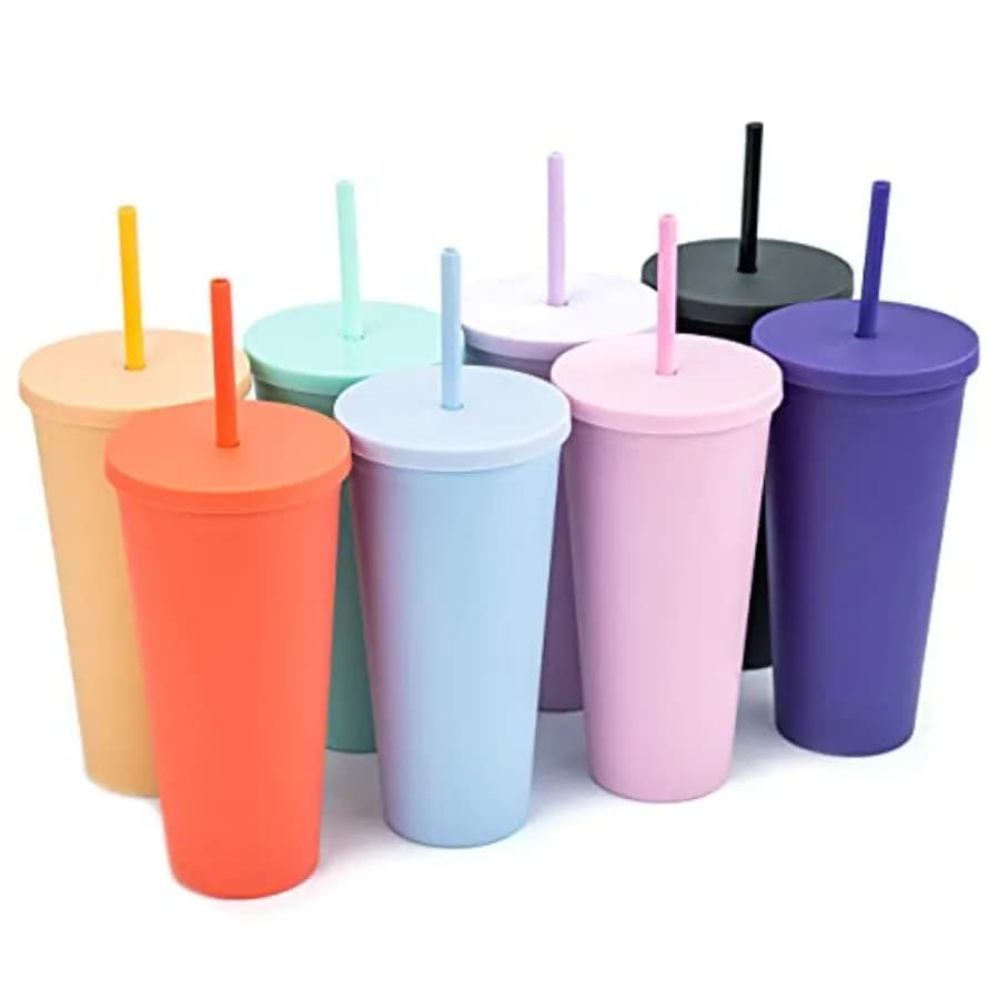 Classic Tumblers with Lids and Straws 8 pack - 22oz Matte Pastel Colored Acrylic Tumblers with Lids and Straws Double Wall Tumb