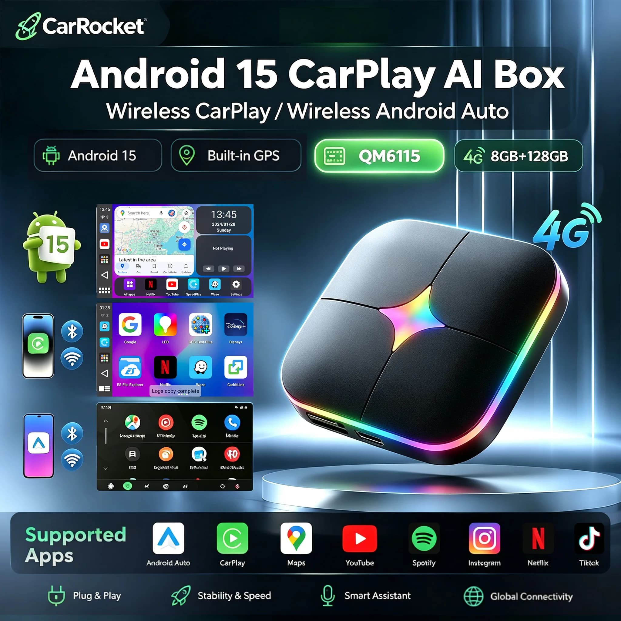 2026Android15 CarPlay Ai Box CarRocket Wireless Android Auto 4in1 USB Adapter For Youtube Netflix Universal TV Box Plug And Play