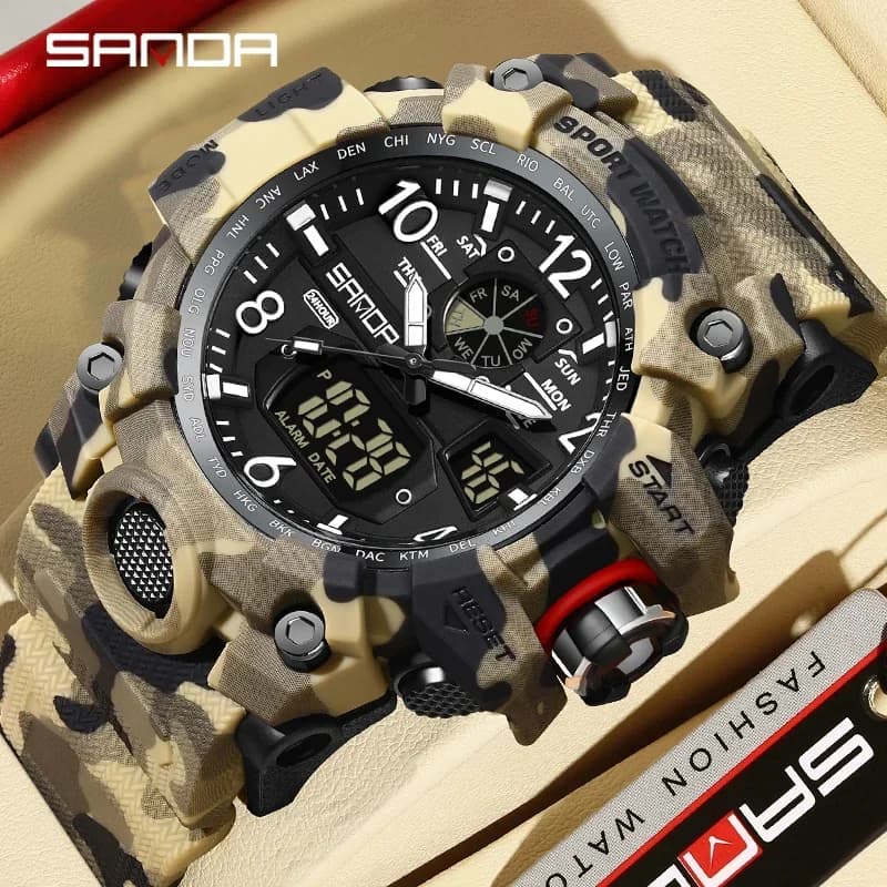 SANDA 3358Outdoor Electron Men's Watch Quartz Display Men's Watch Sports Military Men's Watch Camouflage LED Digital Watch