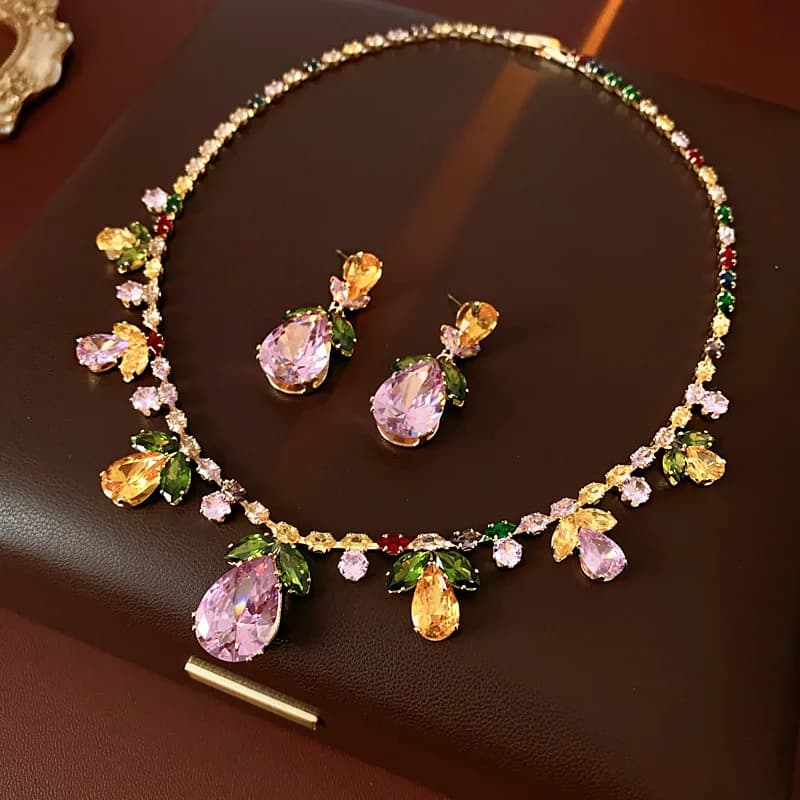 Colorful Zircon Rhinestone Necklace Drop Earrings for Women Flower Water Drop Earrings Necklaces Banquet Dress Jewelry Set A