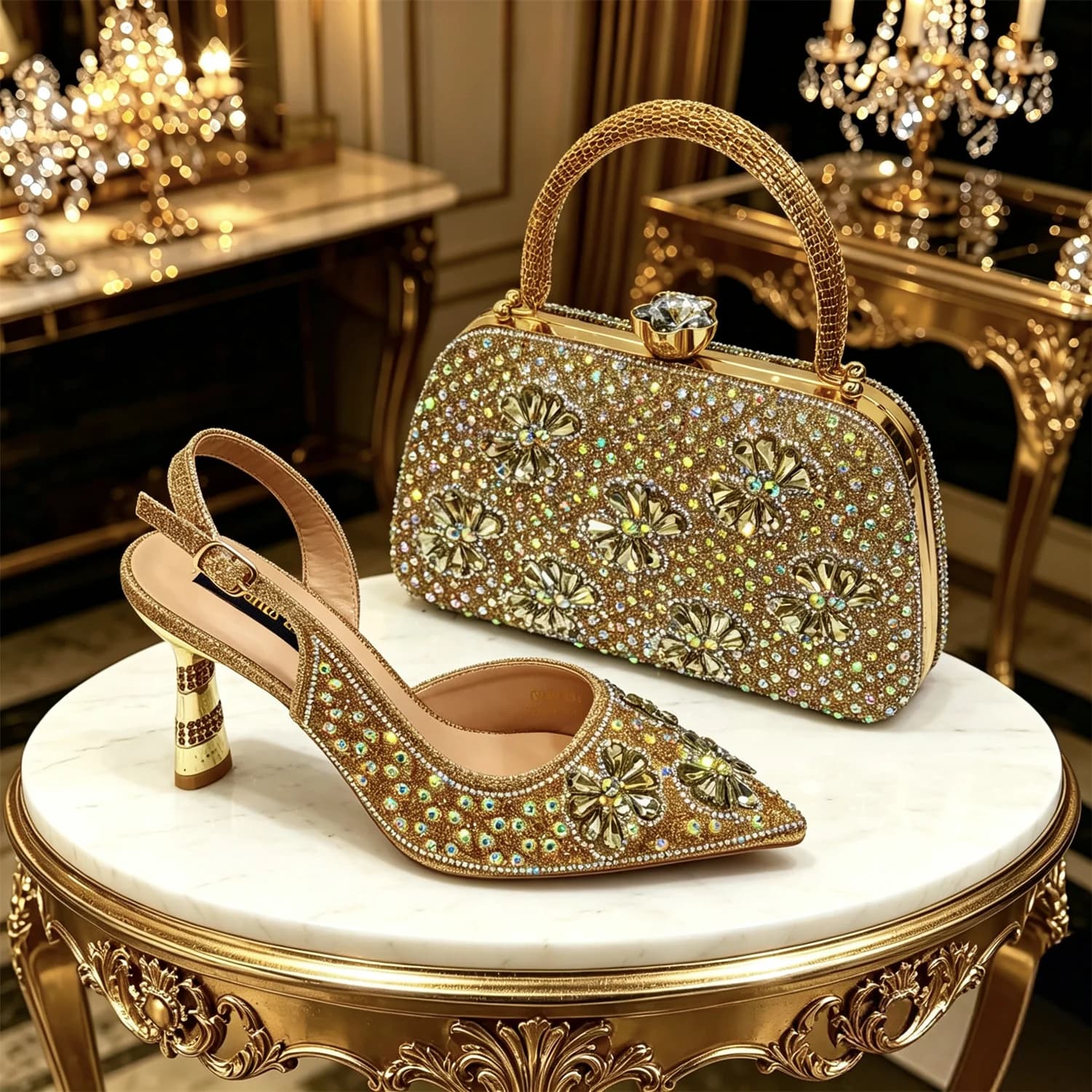 Venus Chan Gold Pointed Toe Rhinestone Heels & Bag Set, Sparkly Slingback Shoes for Women Wedding Party Evening Prom