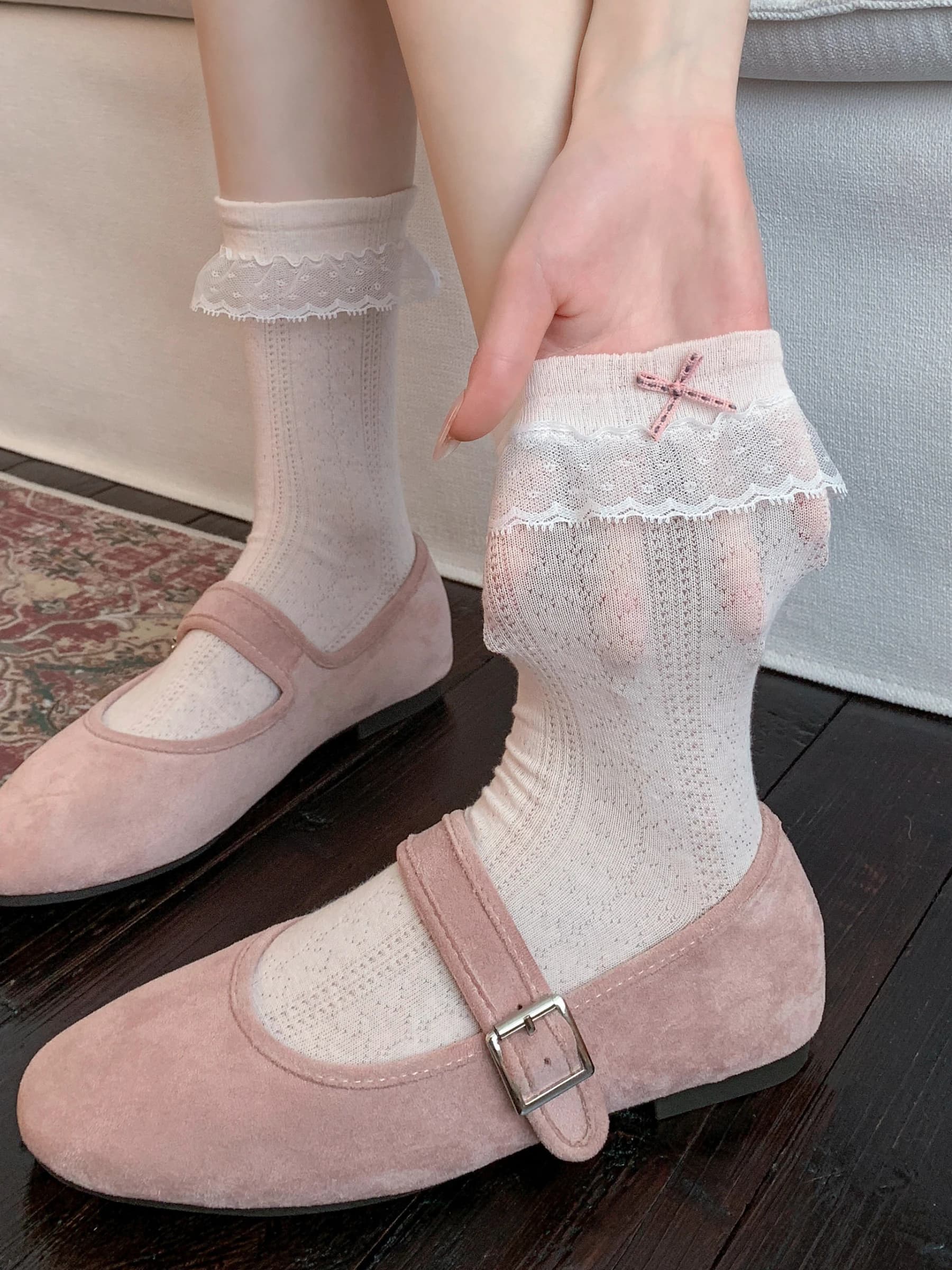 Pure Cotton Lace Trim Mid-Calf Socks Women's Summer Thin Ballet Style Miu Series White Matching with Small Leather Shoes