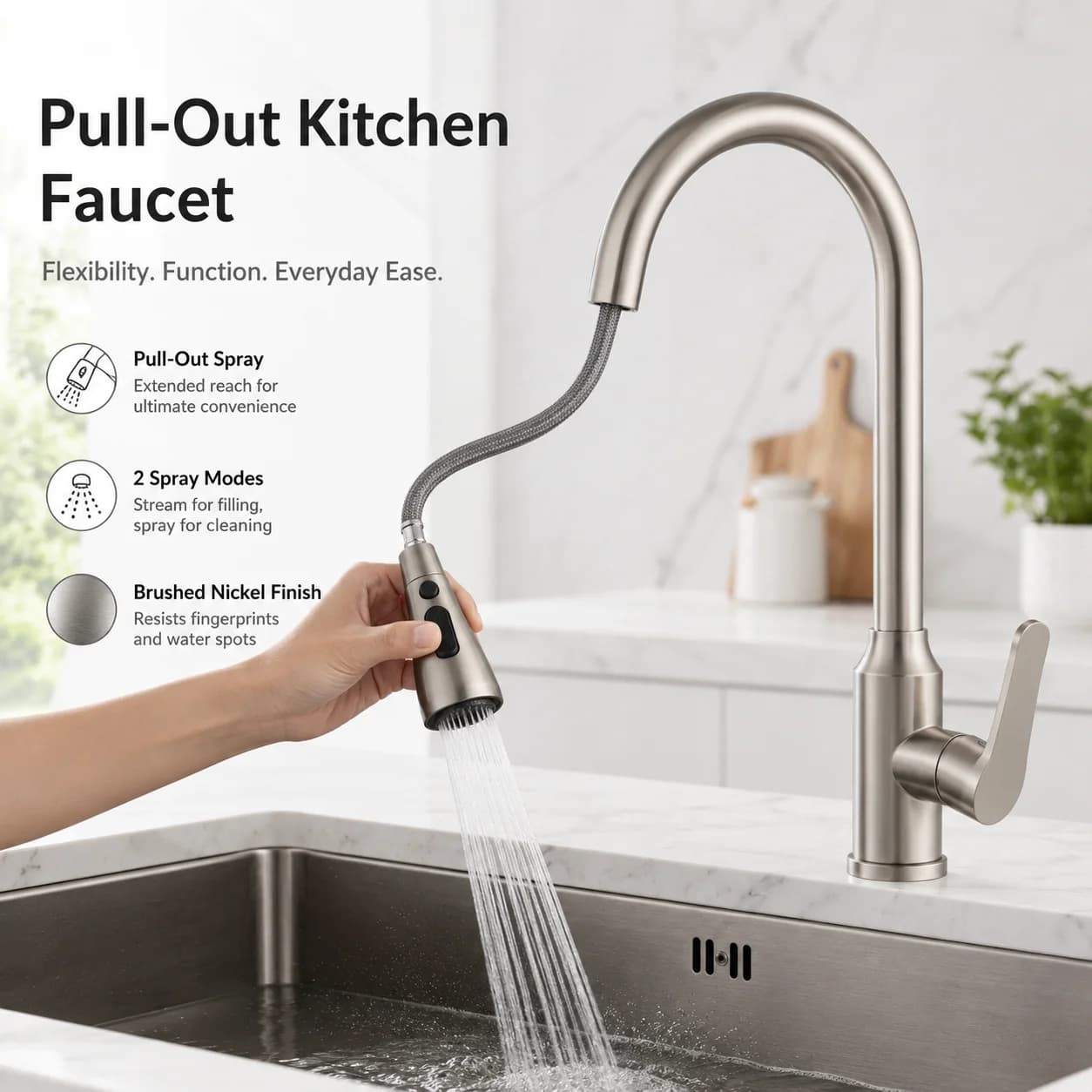 Brushed Nickel Kitchen Faucet Single Hole Pull Out Kitchen Sink Mixer Tap Stream Sprayer Head Mixer Deck Mounted Hot Cold Tap