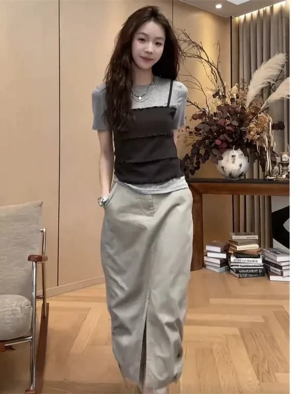 Korean Sweet Cool Style Short Sleeve T-Shirt Women's Summer New Drawstring Workwear Skirt Set Fashionable Two-Piece Suit