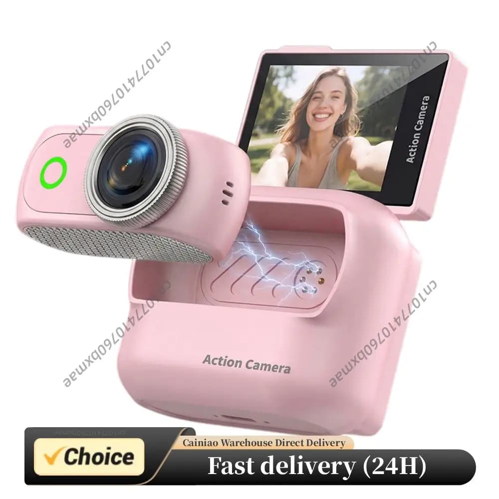 Thumb Action Camera Magnetic Mini Vlog Camera 4K Anti Shake Wi Fi Wearable POV Cam with Hat Clip and Necklace for Cycling Outdoo