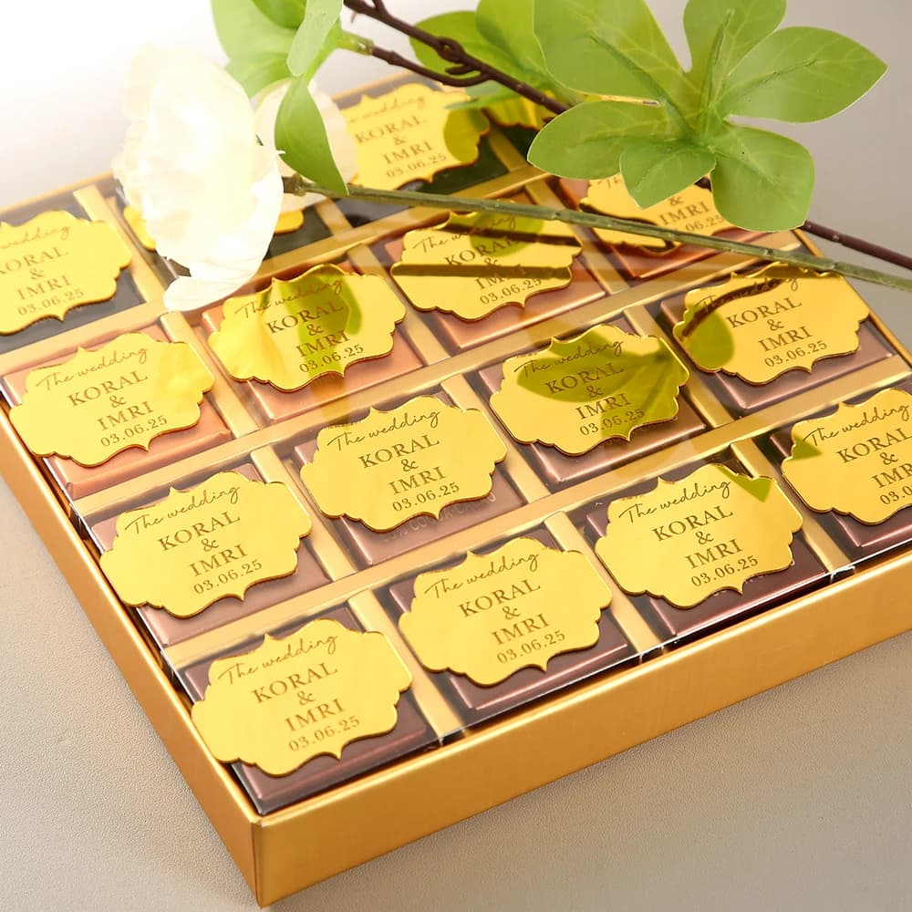 Custom wedding chocolate adhesive labels in gold mirror 50 pieces, adhesive labels for chocolate anniversary, wedding engagement gift