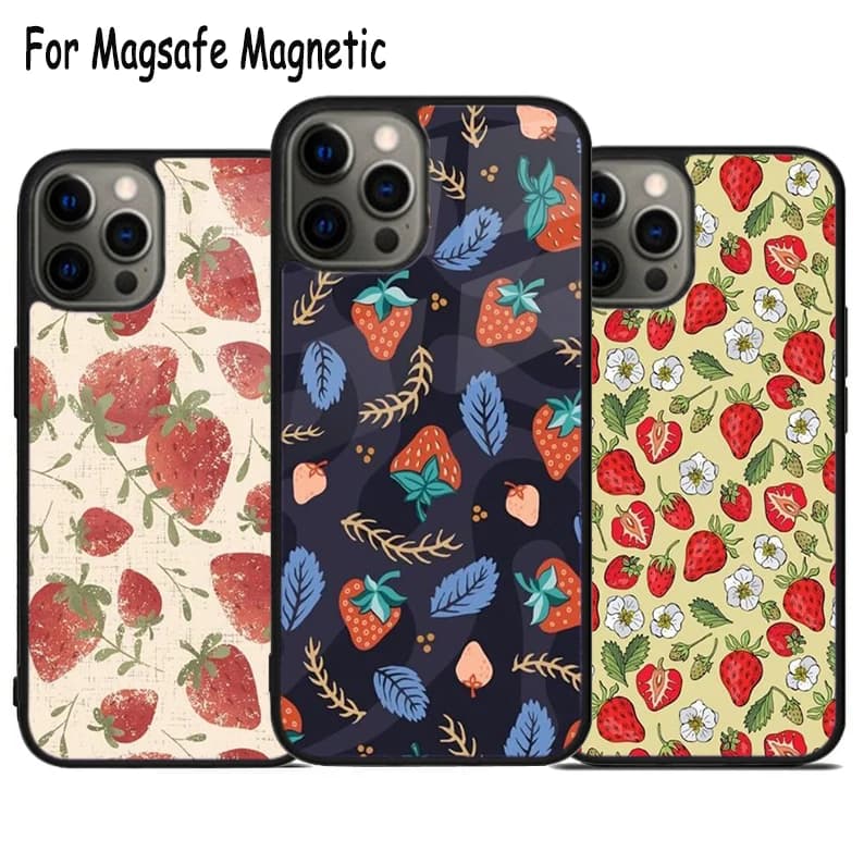 Cover per telefono con ricarica wireless a forma di fragola per iPhone 17 Air 15 16 16e 14 13 11 12 Pro Max Plus, cover magnetica Magsafe con bumper