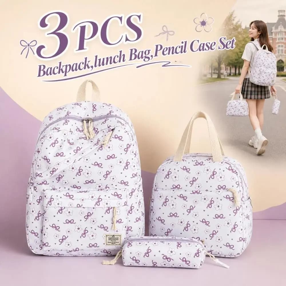 3PCS Bow Print Backpack,lunch Bag,Pencil Case Set Spacious Multicolor Schoolbag Set Waterproof Portable Student Rucksack Set