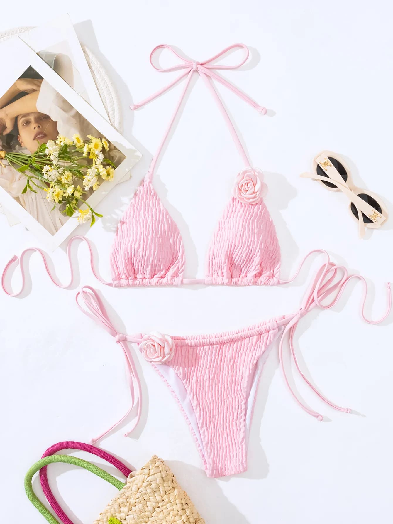 Sexy 3D pink flower stropicciato halter string bikini set due pezzi costume da bagno a vita alta imbottito perizoma costumi da bagno costume da bagno femminile