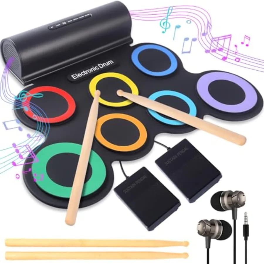 Portable Electronic Drum Set 7-Pads: Roll-Up Electric Drum Kit for Beginners and Hobbyists MIDI Drum Pad with Headphones, Dual