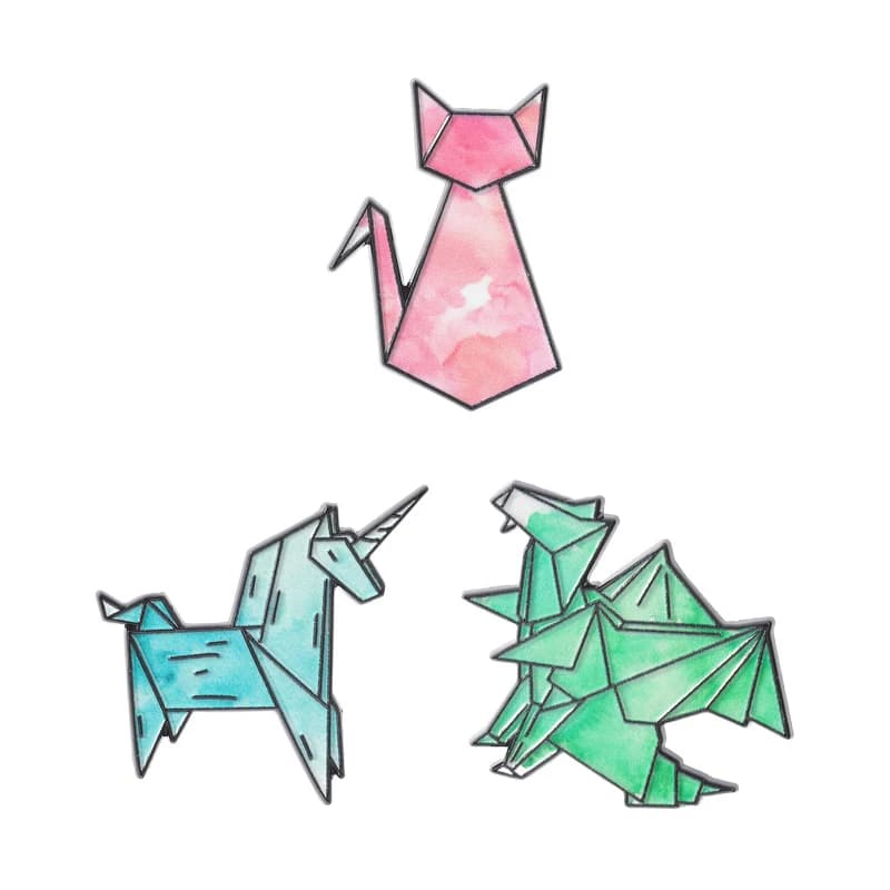 Cute Origami Animal Enamel Pin Creative Geometric Paper Fold Cat Unicorn Dragon Brooches Bag Lapel Badge Jewelry Gift for Friend