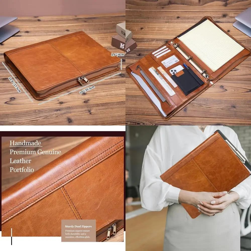 Portafoglio in Vera Pelle Marrone con Raccoglitore a 3 Anelli, Porta Blocco A4, Custodia per Laptop, Organizer Professionale per Uomini e Donne