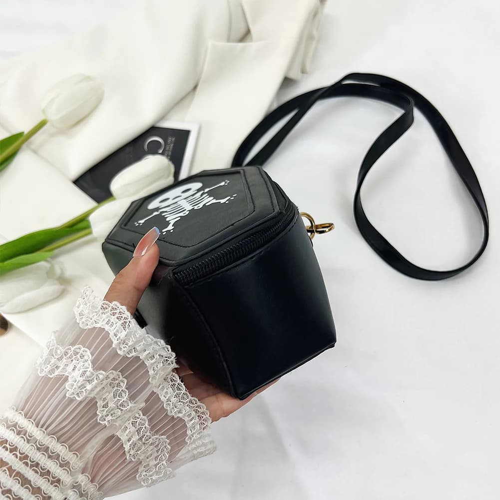 Borsa a tracolla Borsa a forma di bara in pelle PU Borsa di Halloween Borsa da donna con stampa teschio Borsa hobo per cosplay di carnevale