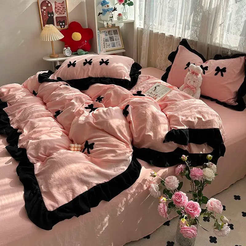 Set biancheria da letto con fiocco rosa Ins Set copripiumino con volant Set lenzuola piatte Set biancheria da letto principessa per ragazze da donna Biancheria da letto singola doppia Queen