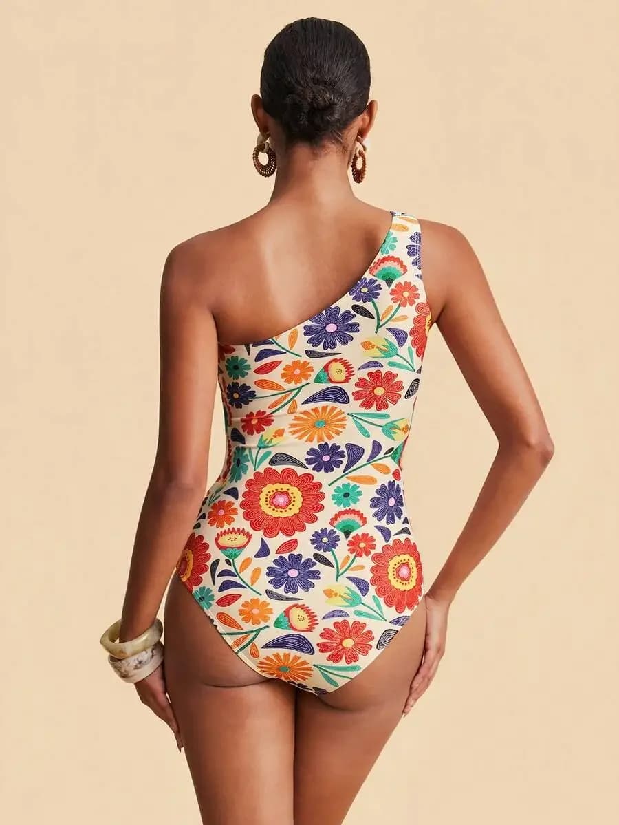 Costume da bagno asimmetrico con stampa floreale in un unico pezzo per le donne, vacanze al mare, estate