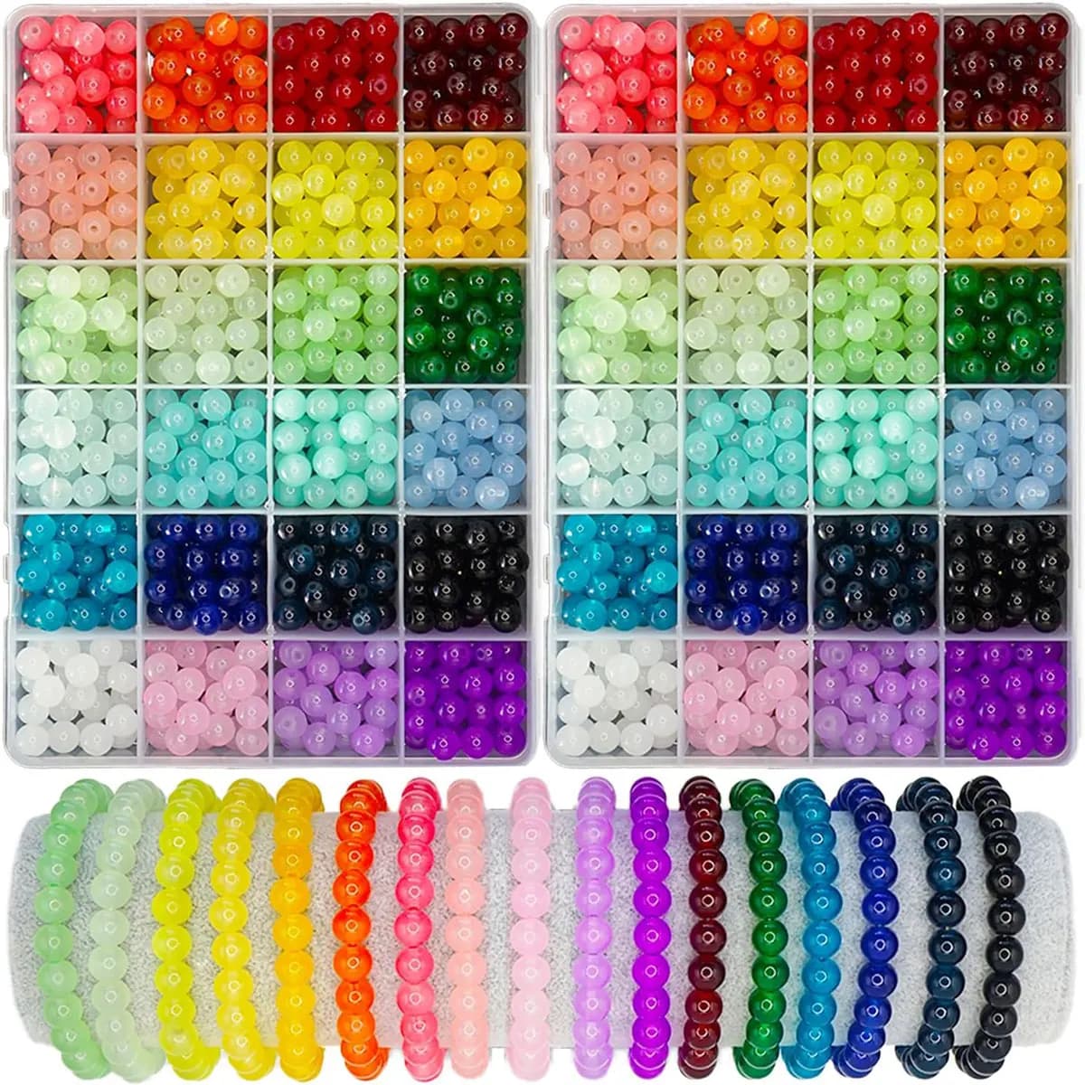 1200 pezzi 48 scompartiPerline di vetro per la creazione di gioielli, kit per realizzare braccialetti con perline di cristallo 24 colori 8 mm, 2 scatole di perline tonde Suita