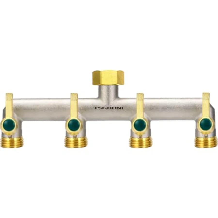 Divisore per Rubinetto da Giardino in Ottone a 4 Vie con 4 Maniglie Metalliche Allungate, Divisore per Tubo Esterno Resistente Placcato Nichel GH