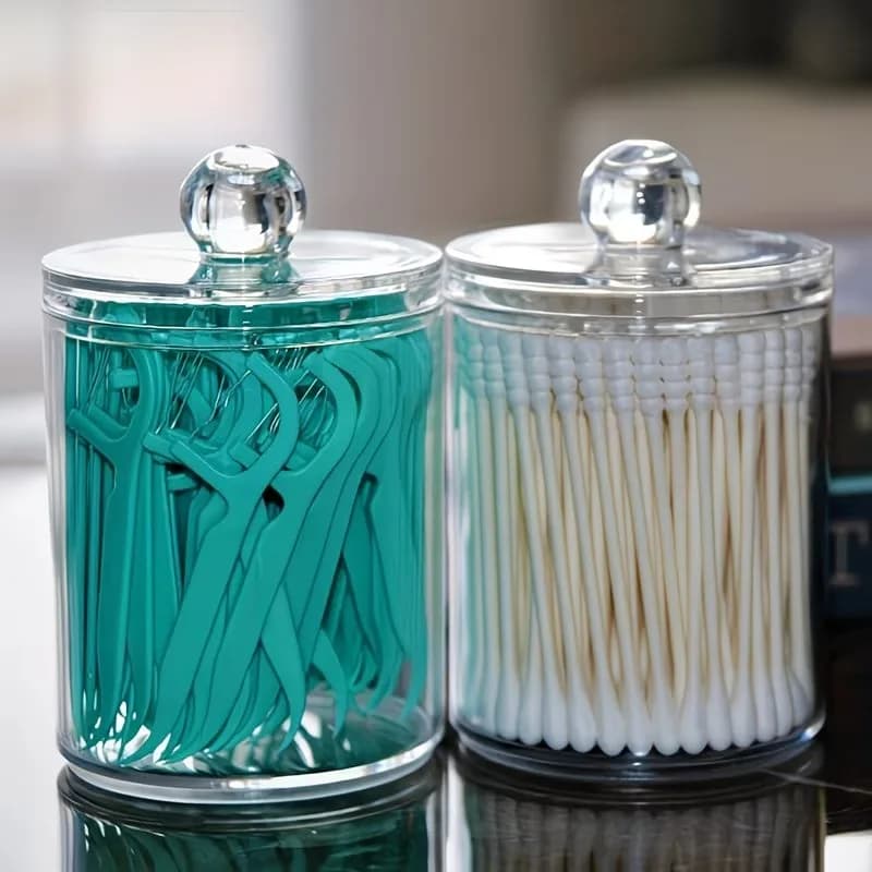 Contenitore portaoggetti per palline, tamponi, dischetti rotondi, filo interdentale; Barattolo in plastica trasparente con coperchio, contenitore per bagno