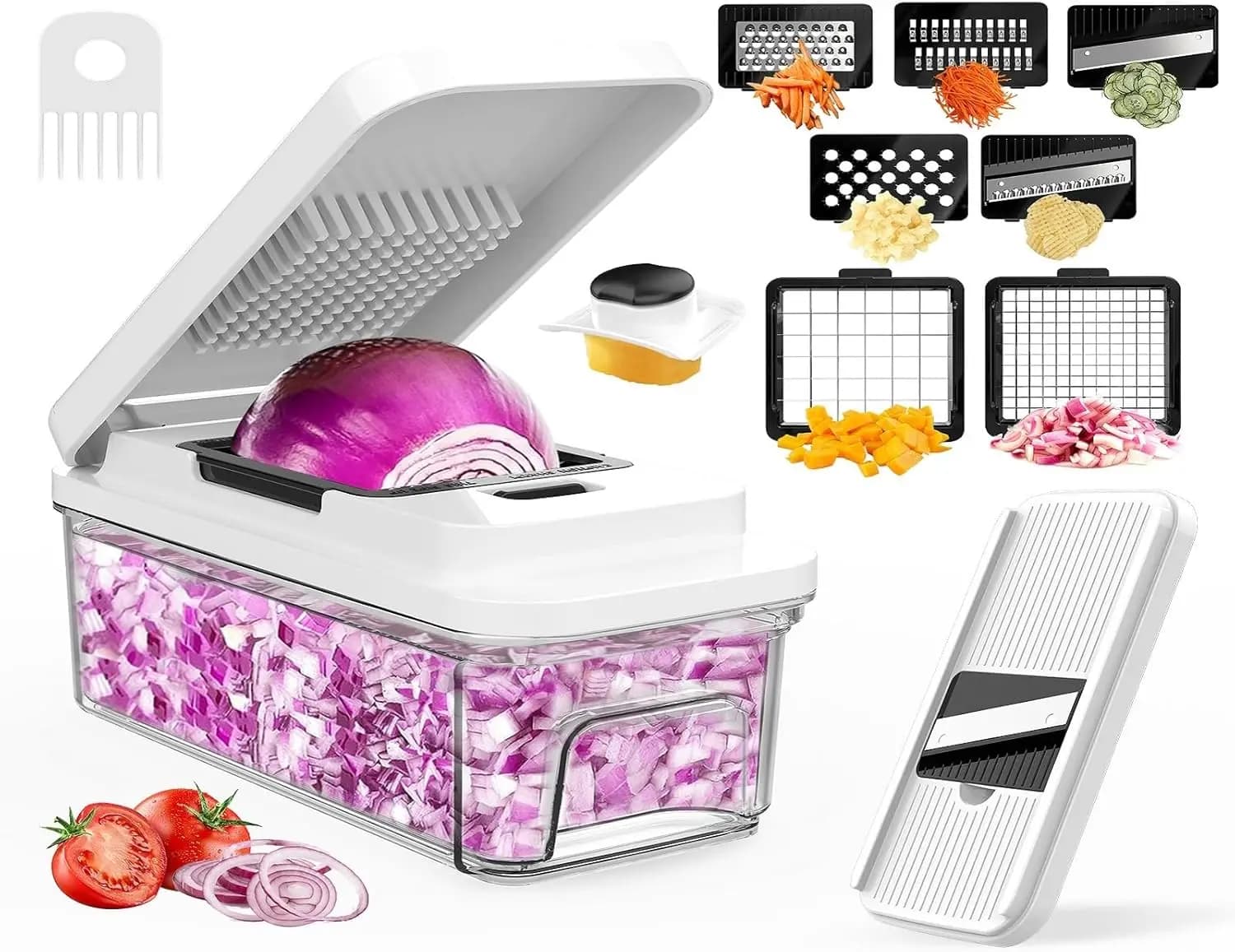 Tritaverdure 10-in-1 con Contenitore, 7 Lame per Preparazione Rapida dei Pasti, Affettatrice e Tritatutto per Cipolle