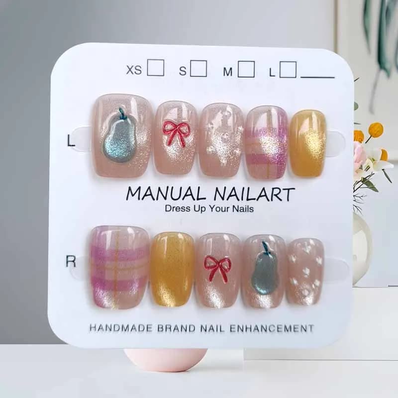 10 Pcs 3D Colorful Cat Eye's Pear Cute Bowknot and Lovely Strawberry Nail Stickers Short Nail Patch Press on Nails False Nails