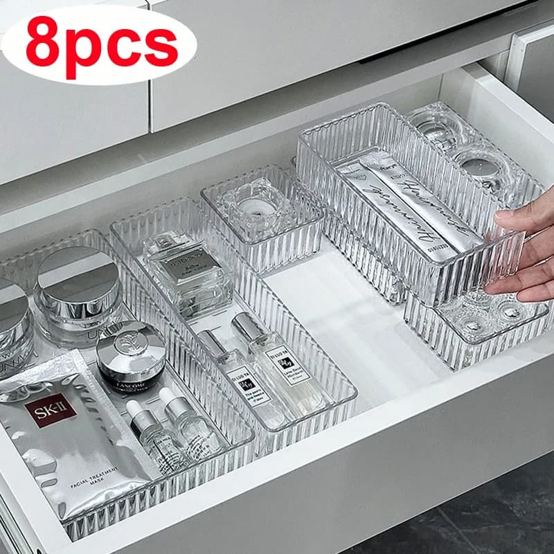 Set di organizzatori per cassetti da scrivania Scatola di immagazzinaggio in plastica trasparente Scatole per organizer per trucco per bagno Scatola di immagazzinaggio trasparente Scatola in acrilico