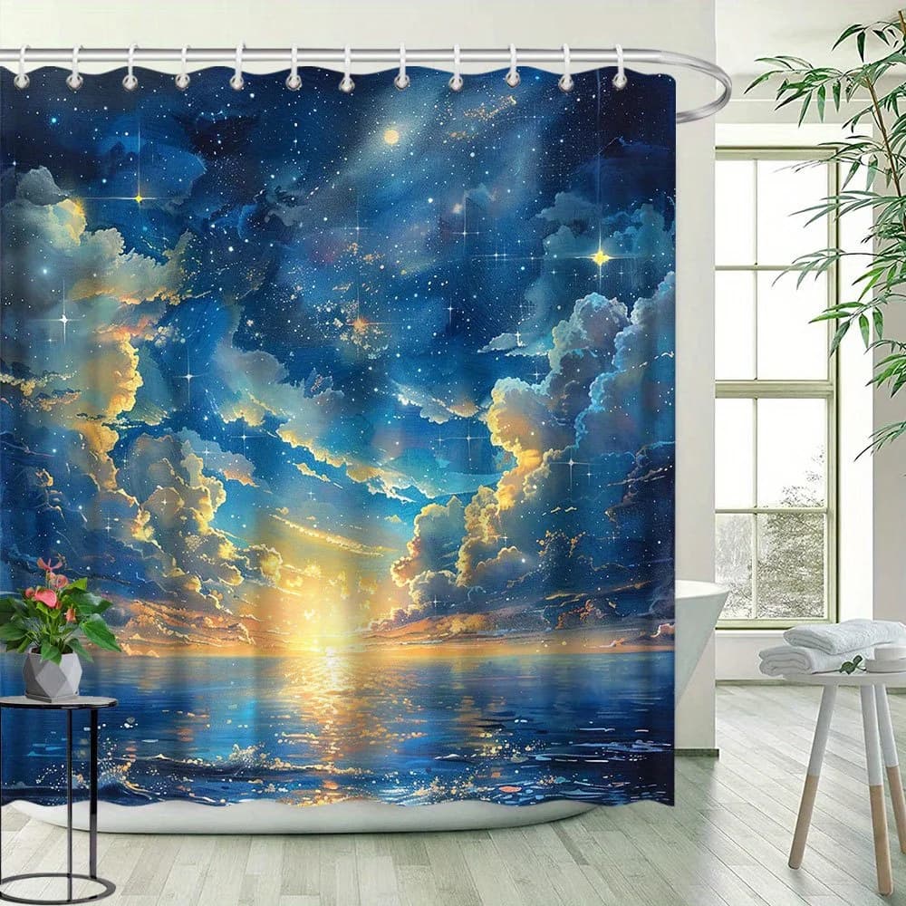 Tenda da doccia con scenario al tramonto - Luce stellare e nuvole intrecciate, paesaggio naturale, arredamento da bagno in poliestere, 12 ganci