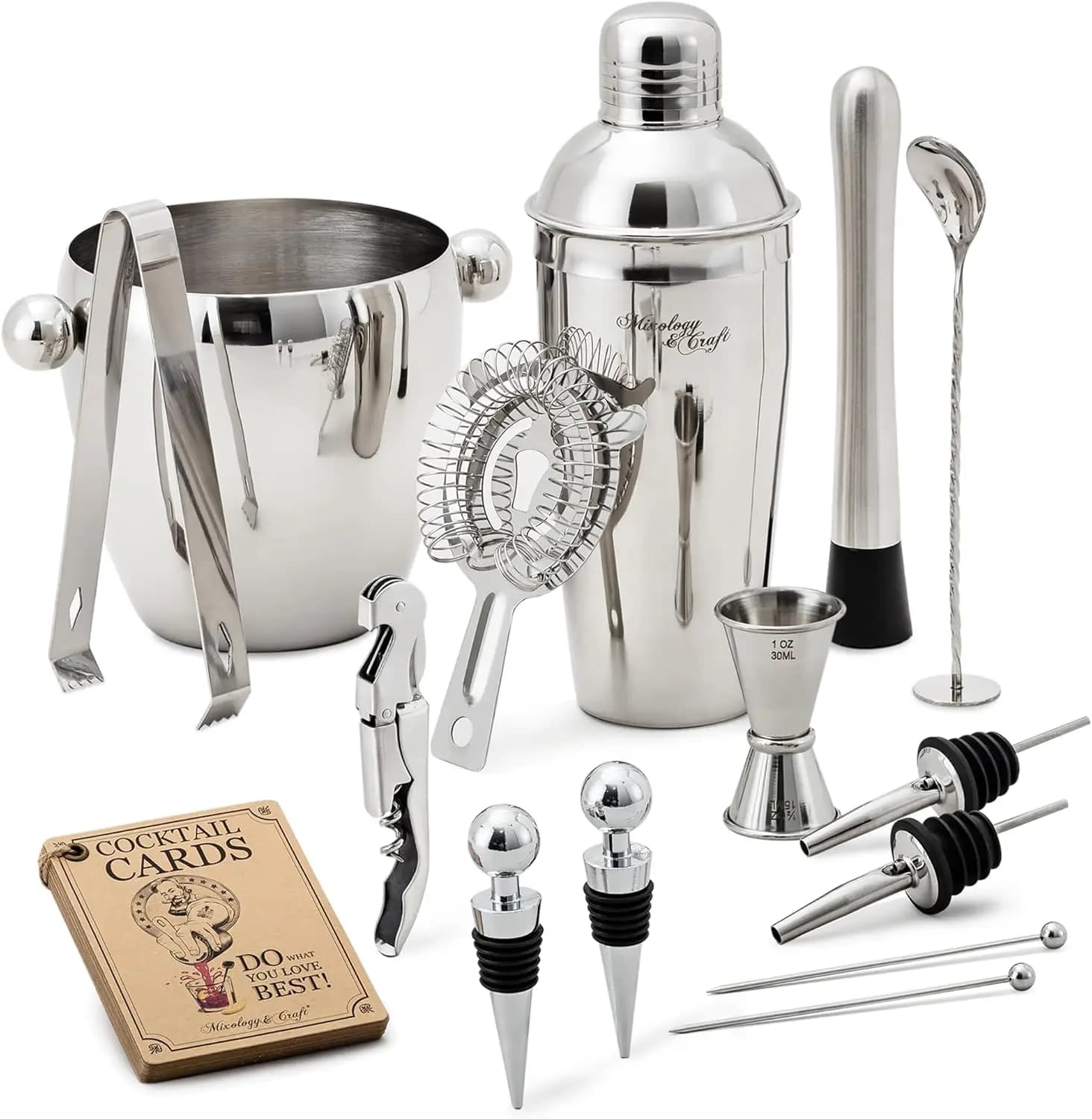 Set shaker per cocktail da 16 pezzi in acciaio inossidabile - Kit da barista con secchiello per il ghiaccio, accessori per bar di casa per mixologia e regali