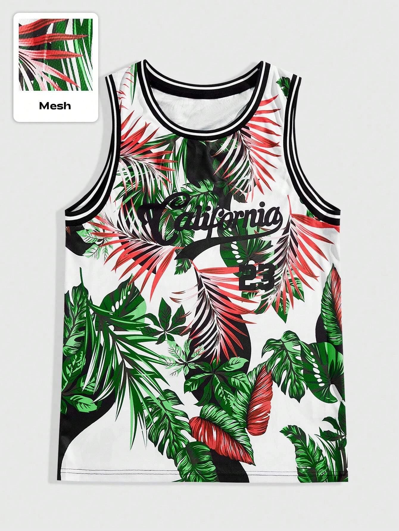 Maglia da basket da uomo con stampa di piante tropicali, color block, con finiture a contrasto, adatta per le vacanze estive al mare e la scuola