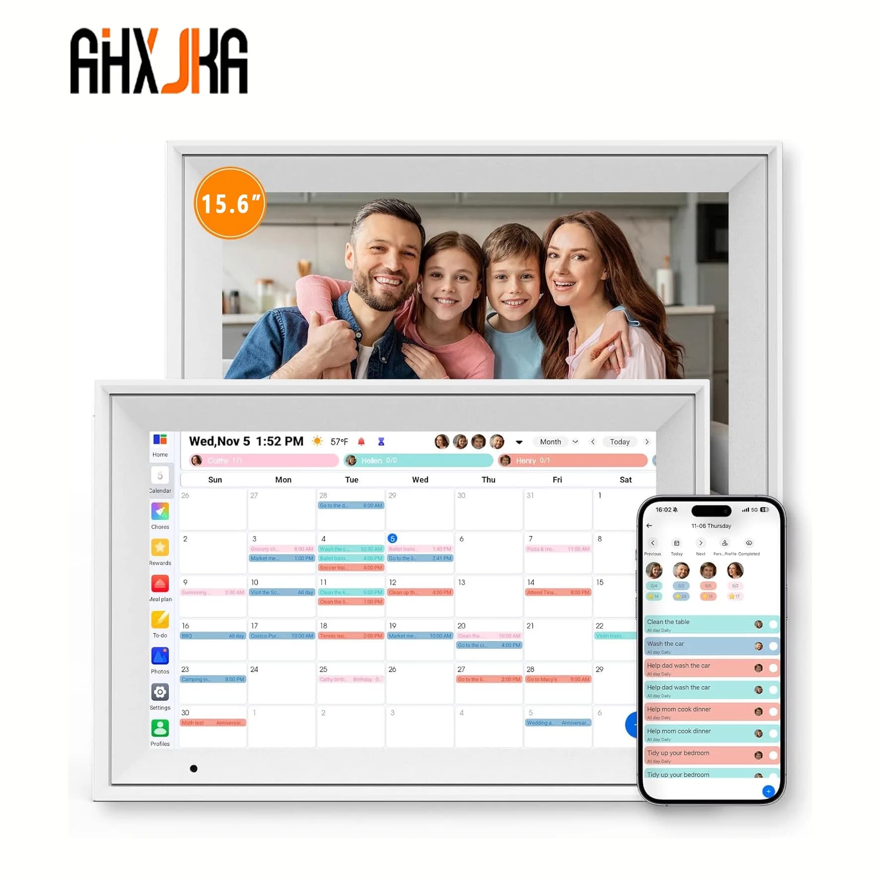 Cornice Digitale WiFi AHXJKA 15.6 Pollici 1920*1080P 32GB Memoria IPS con Luce Blu Dimmerabile, Archiviazione Foto e Video, Touch Screen da Parete