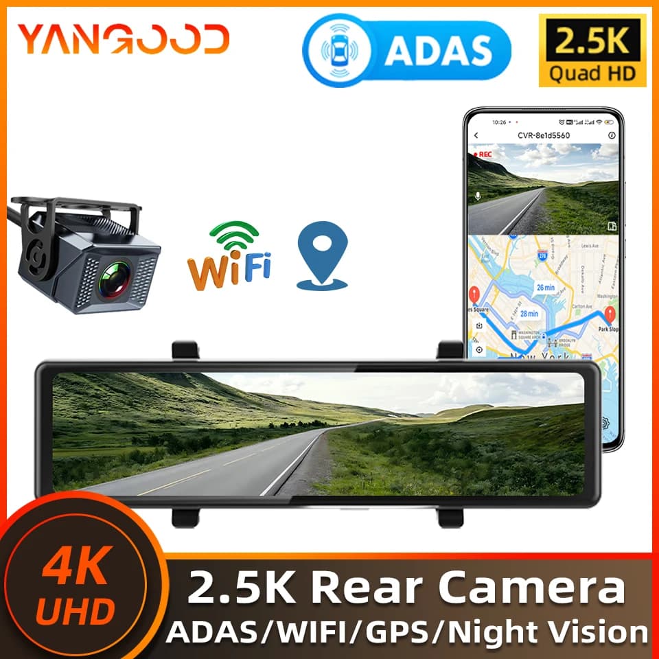 Yangood Dash Cam a Specchio 4K 12 Pollici, Registratore Video per Auto 2.5K, Telecamera Posteriore Impermeabile, ADAS WIFI GPS, Scatola Nera per Veicoli