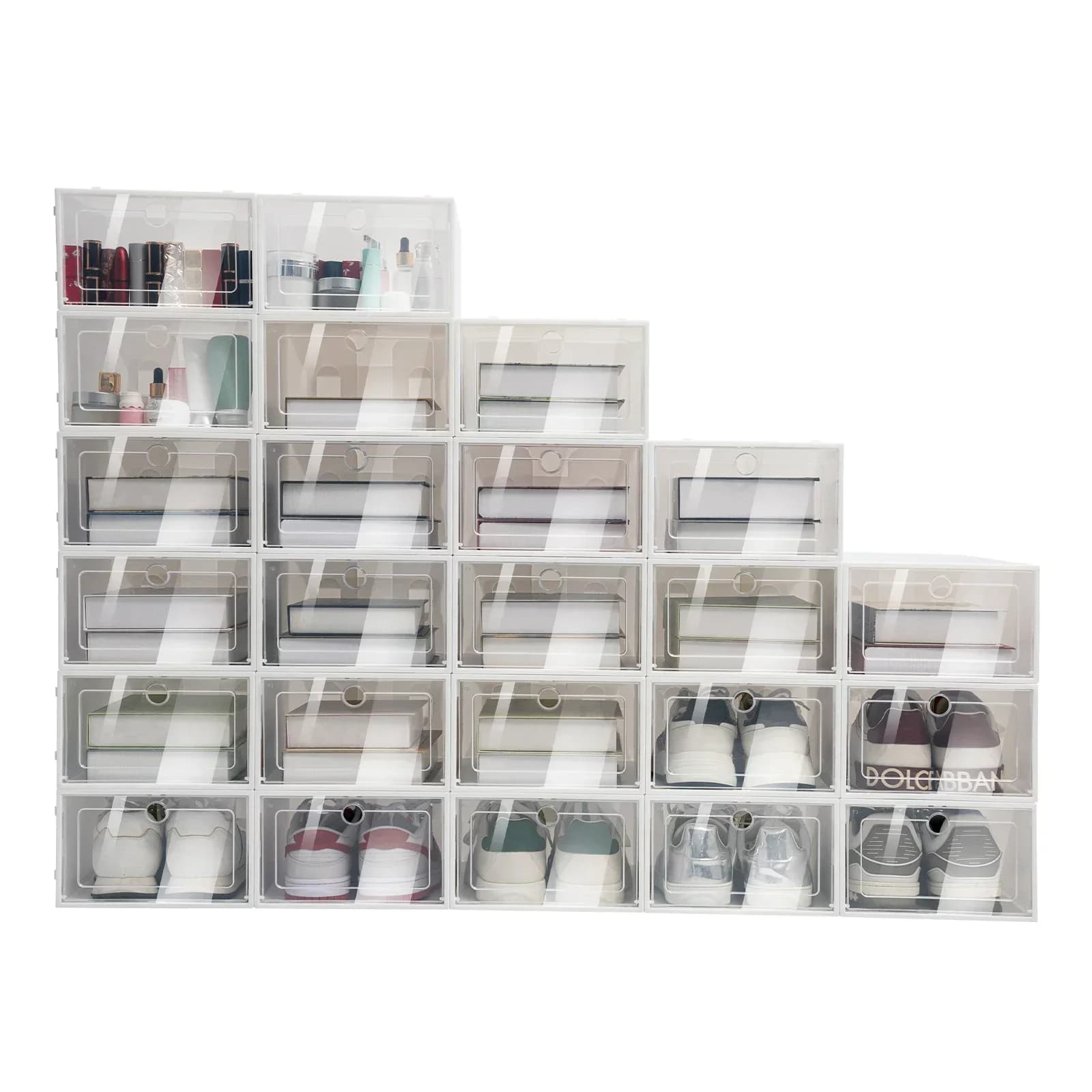 Transparent Plastic Shoes Boxes, Foldable and Stackable Organizer, Wardrobe and Bedroom Containers, 24 Pack