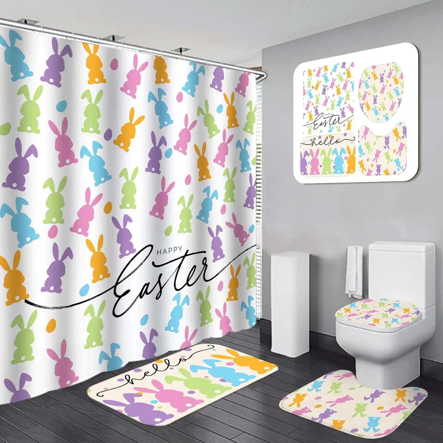 Set of shower curtains with Easter bunny pattern, non-slip mats, water cover, bath mat and hooks for spring decorations