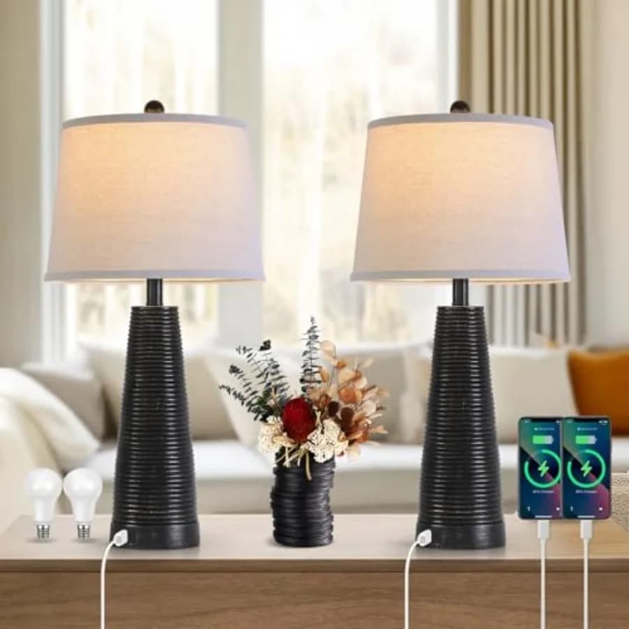 Set di 2 Lampade da Comodino, Lampada da Tavolo Vintage Rustica Stile Fattoria, Dimmerabile a 3 Livelli, 2 Lampadine, Porte USB A+C