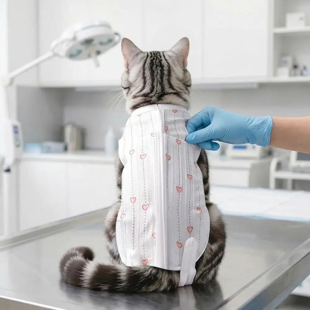 Tuta Protettiva per Gatti in Materiale Morbido, Regolabile con Stampa a Cuori, per Recupero, Protezione Ferite e Anti-Graffio