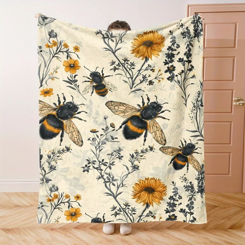 Coperta in poliestere Bee Wildflower - Stampa vibrante, comfort per tutte le stagioni per letto, campeggio, viaggi - Regalo perfetto per la famiglia