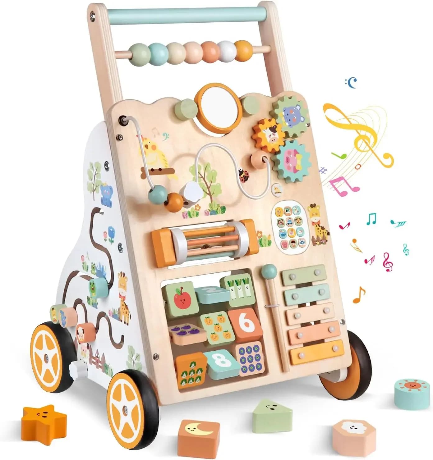 Girello in Legno per Bambini con Centro Attività, Velocità e Altezza Regolabili, Giocattolo Montessori per Bambini dai 12 Mesi in su