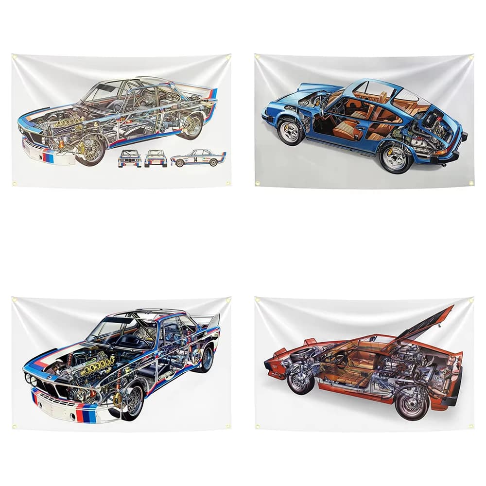 90x150cm Cool Classic Racing Car Sectional View Flag Tapestry Polyester Digital Banner for Garage Wall Art Out Door Decoration