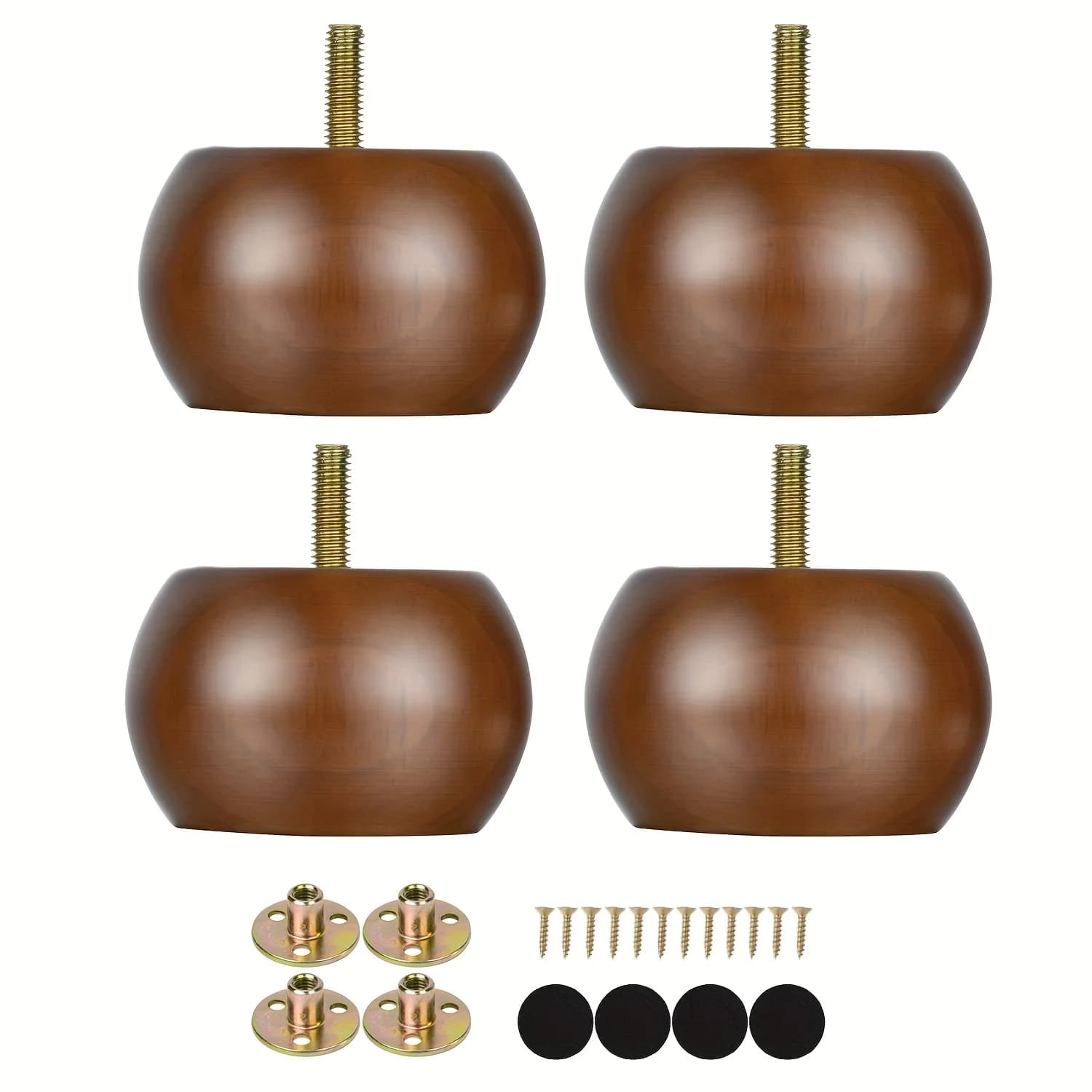 Piedini per Mobili in Legno Massello di Noce da 2 Pollici, Set di 4 Gambe Rotonde per Pouf/Divano, Pre-forate con Bullone M8 e Staffe Metalliche