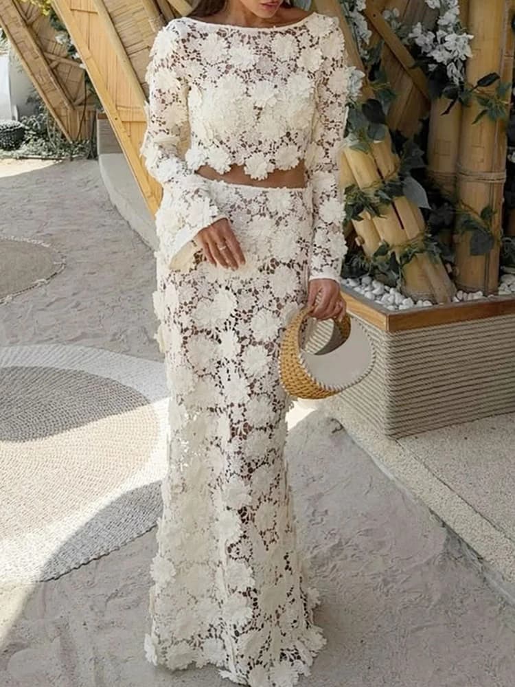 Top e gonna a maniche lunghe con scollo a O da donna per il tempo libero Set da 2 pezzi Abito estivo in pizzo cavo alla moda per le vacanze Abito da spiaggia dimagrante all'ombelico