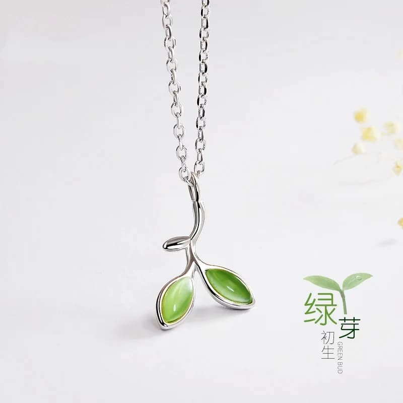 S925 Sterling Silver Jewelry Set Including Bud Green Pendant Necklace Clavicle Chain Earrings Bracelet And Ring For Women
