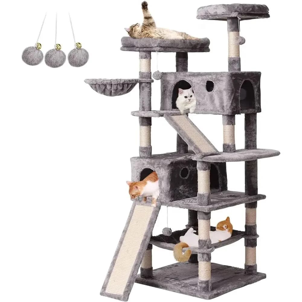Multi-Level 70.1 Cat Tree with Scratching Post, Condos, Ladders, Hammock, and Plush Perches for Large Cats, Light Gray