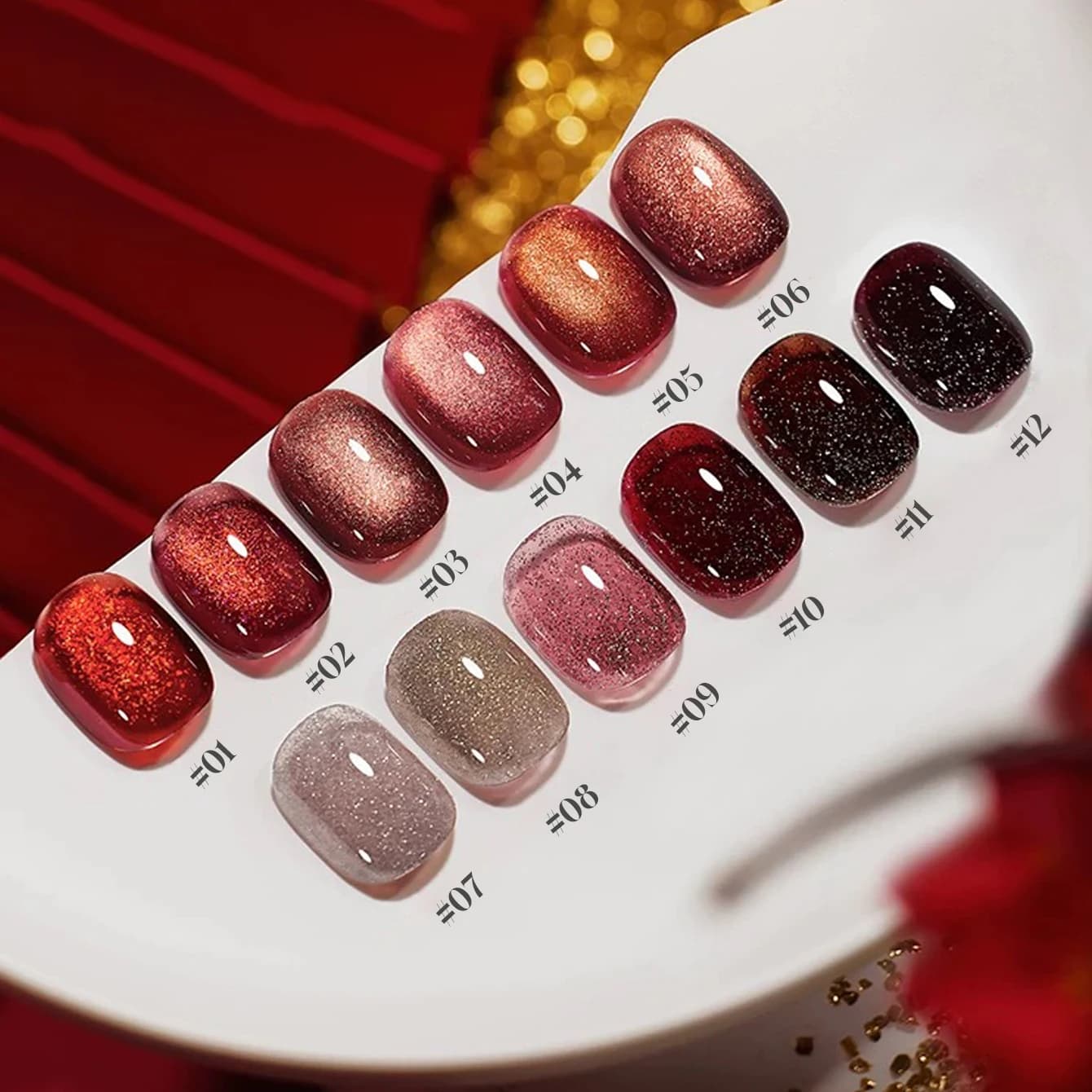 1-12 pz 15ml Smalto Gel Unghie Cat Eye Diamantato Rosso Capodanno Primavera/Estate, Polimerizzazione UV LED, Regalo Donna per Feste, Salone Nail Art
