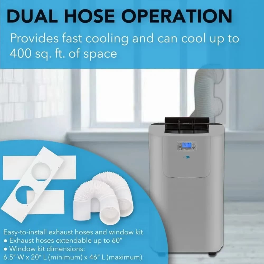 -12.000 (7,000 BTU SACC) Deumidificatore portatile per condizionatore d'aria Elite Dual Hose, ventola e custodia, fino a 400 piedi quadrati, grigio