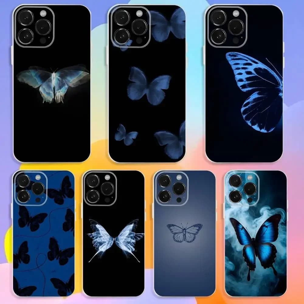 Custodia per telefono in silicone morbido trasparente con farfalla blu per iPhone 16, 15, 14, 13, 12, 11 Pro, Max, Plus, X, XS, XR, SE, Mini