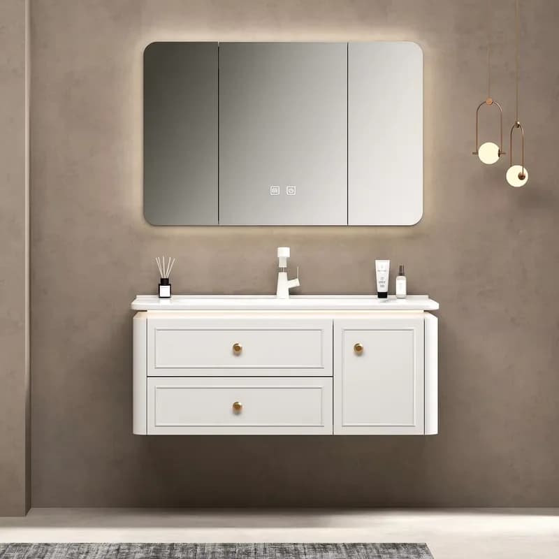 White Color Wall Mounted 18 MM PVC High-end LED Storage Cabinet Europe Style Wall Hung Bathroom Vanity With Smart Mirror
