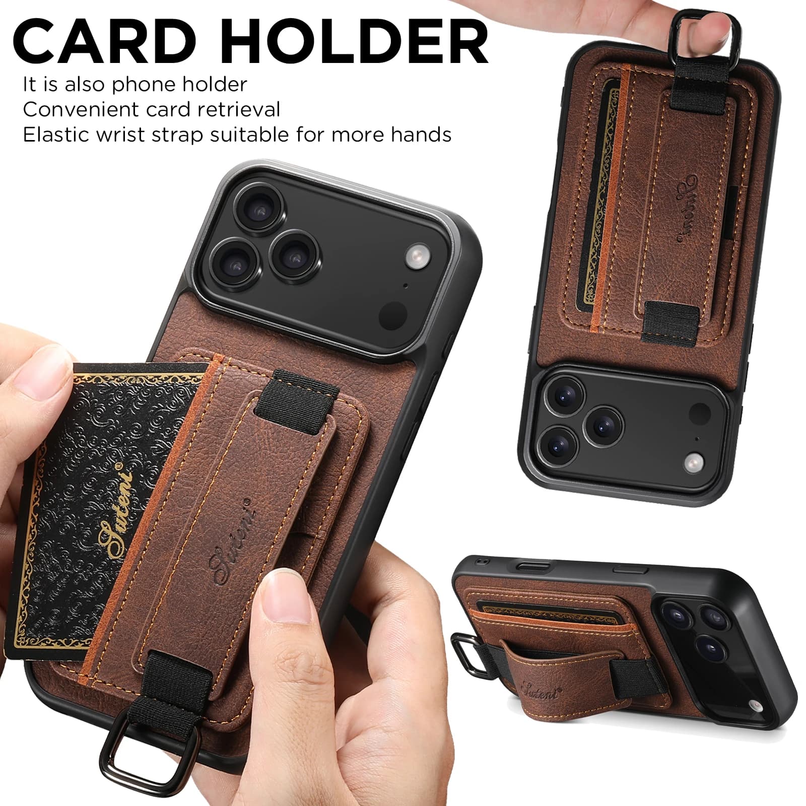 Custodia per telefono SUTENI con anello da polso, porta carte e supporto per iPhone 17 Air Pro 16 E Plus 15 14 13 12 Mini 11 X Xs XR Max