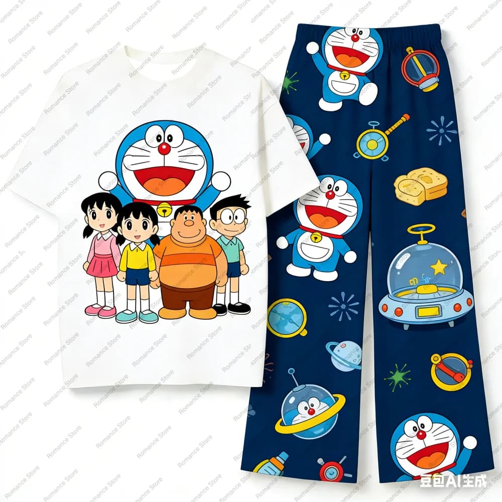 Doraemon Camicie di seta al latte Pantaloni Set Cartoon Anime Full Over Print Pantaloni del pigiama per bambini adulti Set da donna ad asciugatura rapida Pantaloni da uomo