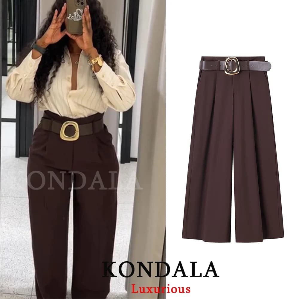 KONDALA Casual Chic Chocolatr Pantaloni marroni Donna Vita alta Pantaloni lunghi a gamba larga Moda 2025 Office Lady Cintura Pantaloni da donna