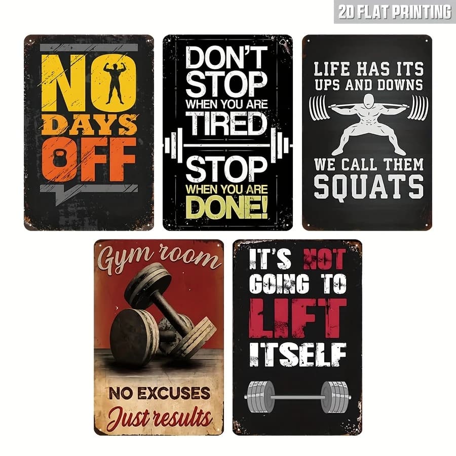 5PC Retro Fitness Inspirational Metal Sign Weightlifting Dumbbell Pattern Gym Room Garage Wall Hanging Decor Plaque
