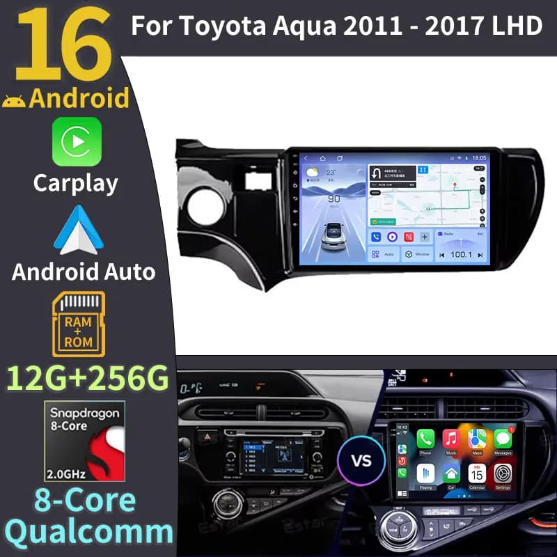 Android 16 For Toyota Aqua 2011 - 2017 Car Radio Wireless Carplay Auto LHD 360 Camera Multimedia DTS QLED 2Din Head Unit 4G LTE